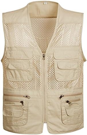Ziker Men's Mesh Fishing Vest Photography Work Multi-pockets Outdoors Journalist's Vest Jacket (Khaki, Large)