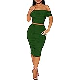 Oumrdeo 2 Piece Skirt Set Sexy Mesh Ruched Bodycon Tube Top Cocktail Party Midi Dress Club Outfits