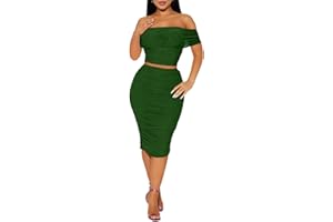 Oumrdeo 2 Piece Skirt Set Sexy Mesh Ruched Bodycon Tube Top Cocktail Party Midi Dress Club Outfits