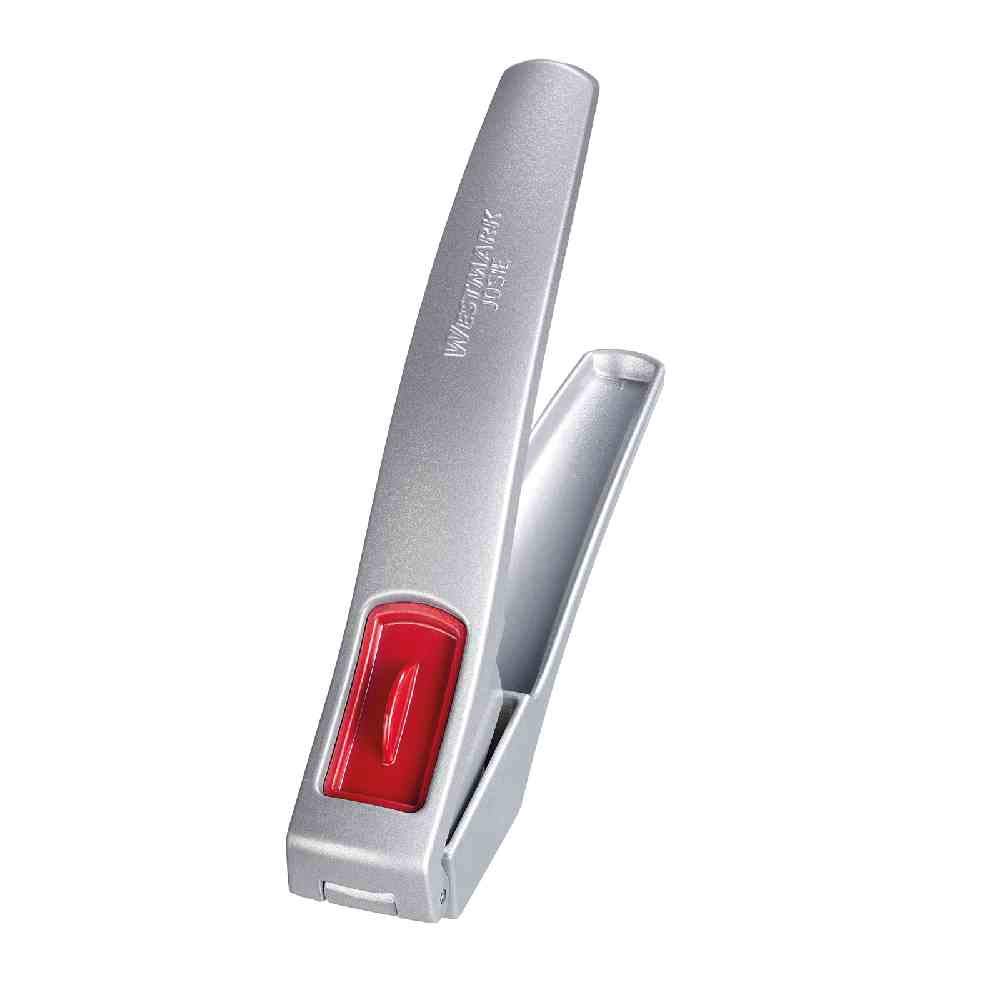 Westmark Garlic Press with extra large chamber and cleaning element, Length: 16.2 cm, Aluminium/Plastic, Silver/Red, 30082260