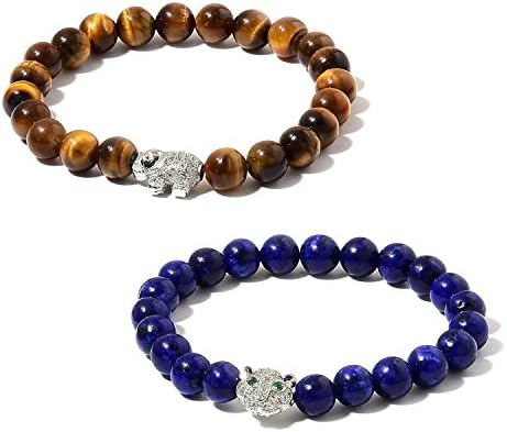 Tigers Eye, Lapis Lazuli, White and Green Cubic Zirconia Silvertone Set of 2 Gift Bracelet Stretchable