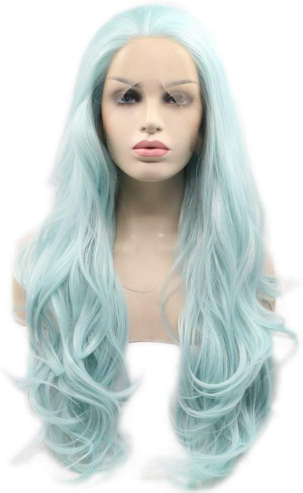 Body Wave Hair Blue Lace Front Wig Pastel Wig Natural Hairline Cosplay Holidays Synthetic Ladies Wigs Heat Resistant Fiber For Women Girls 24" - Image 5