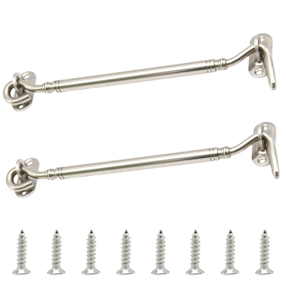 Yosawo 2 Pcs Cabin Hook and Eye Latch,Stainless Steel Heavy Duty Barn Barn Door Swivel Window Hook Lock for Garage, Garden Gates, Closet Shed（Silver-205mm）