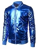 JOGAL Mens Metallic Nightclub Styles Zip Up Varsity Baseball Bomber Jacket Large Blue