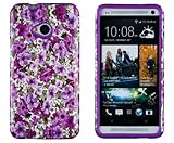 DandyCase 2in1 Hybrid High Impact Hard Lavender Garden Floral Pattern + Purple Silicone Case Cover For HTC One M7 4G LTE + DandyCase Screen Cleaner