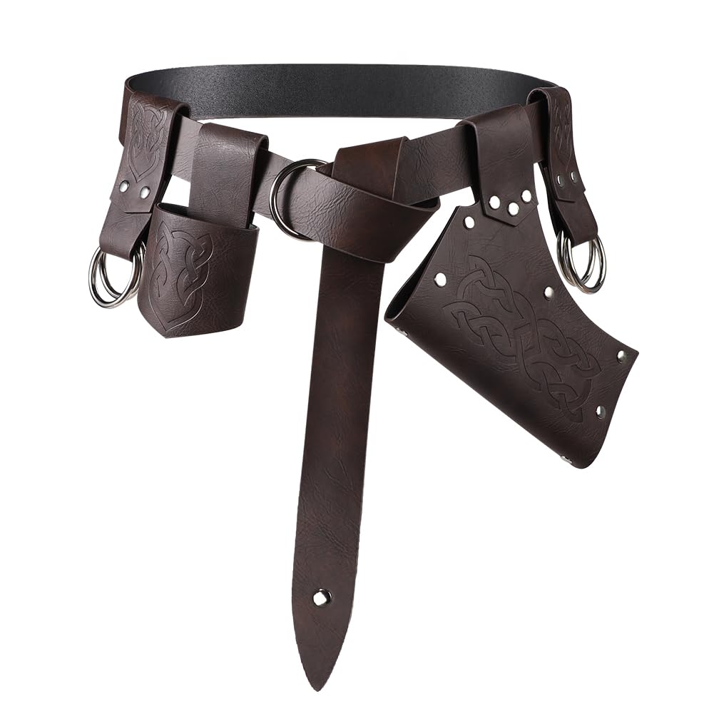 Medieval Viking Accessories Set, 5Pcs Knight Viking Embossed Belt Costume Accessories Medieval Renaissance Leather Belt Sword Dagger Frog Case Sword Holster Set for Halloween Knight Viking Cosplay