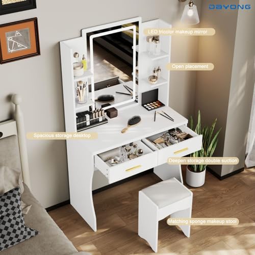 DAYONG Makeup Vanity Desk with LED 3-Colour Mirror, Vanity Dressing Table with 2 Drawers and Open Shelves, Vanity Table Set with Cushioned Stool for Bedroom, 80x140cm (White)