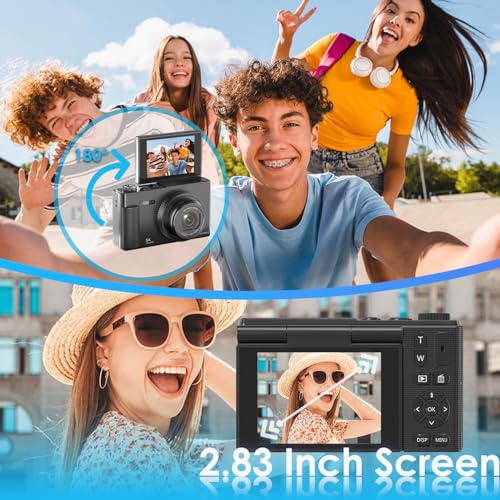 Digital Camera, 5K 75MP UHD Digital Camera with 64GB Micro SD Card, 2.83-inch 180° Rotatable Screen, 18X Zoom, Anti-Shake, Compact Camera for Kids, Adults, Beginners (Black)