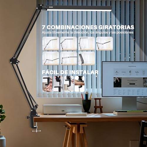 Salandens Lampara de Escritorio, Lampara de Mesa Con Brazo Flexible de 360°, Lampara Led Con 3 Luces Regulables, Blanca, Cálida y Blanca Cálida