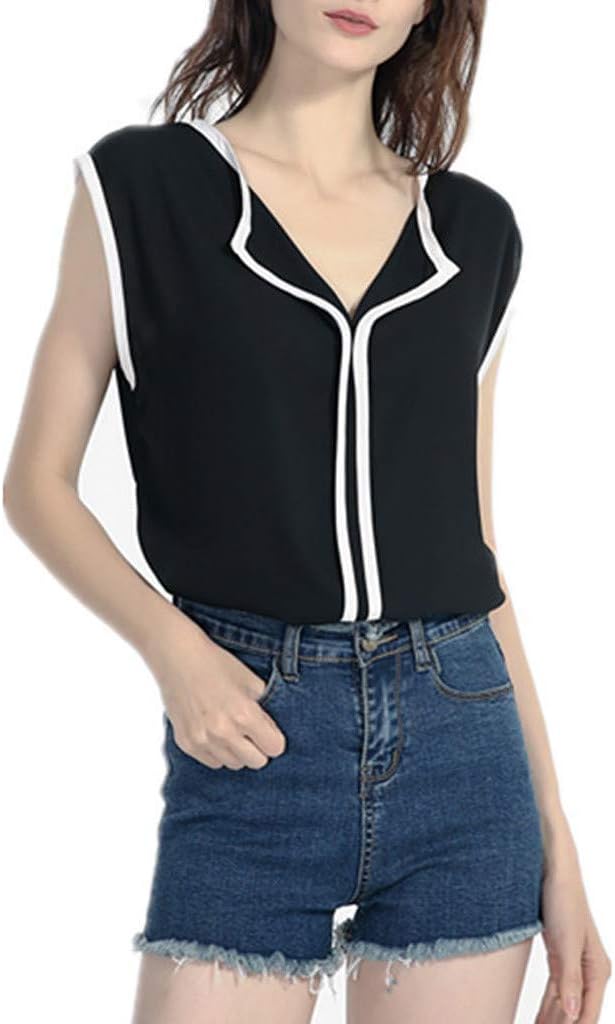 Women Tees Sleeveless V-Neck Casual Solid Fresh Sweet Chiffon Shirt Blouse Slim Fit Comfy Tunic