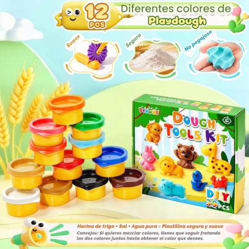 BYHANO 39 Pieces Playdough Set, Tools Plasticine for Children with 12 Colours of Dough, Plasticine Molds with 3D Dinosaurs and Animals, Gift from 3 Years