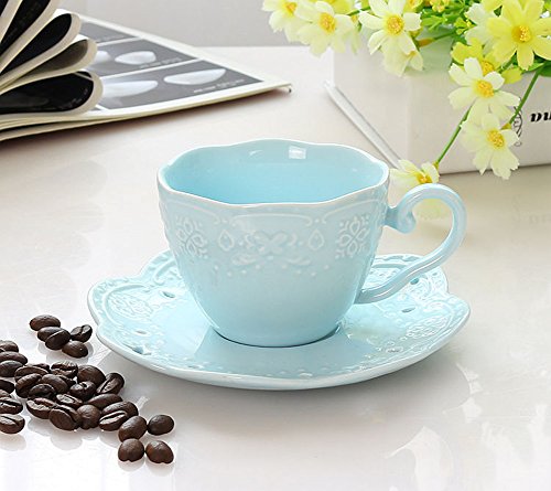 Eglaf Coffee Tea Cup Set Embossed Ceramic (Bone China) and Porcelain Saucers Scoop Bracket 6 - Piece Set (Blue)
