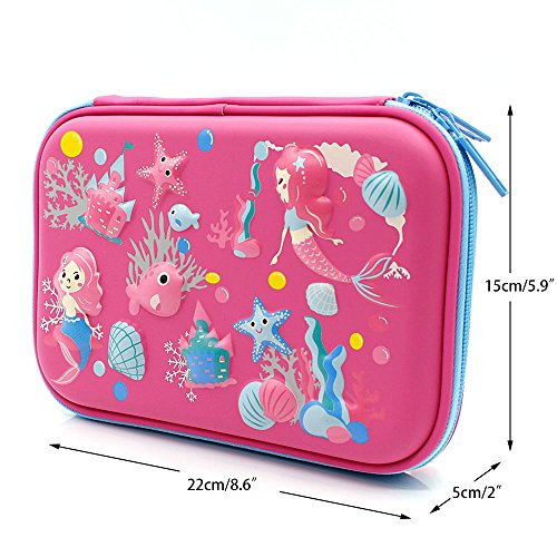 Mermaid Big Capacity Hardtop Pencil Case with Compartment - Cute School Stationery Supply Organizer Box Pen Holder for Kids Girls Toddlers (Hot Pink)