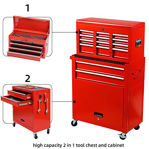 Big Tool Box,Rolling Tool Chest with Sliding Drawers,2 in 1 Tool Cabinet with 4 Swivel Wheels (2Pcs with Brake),Cold Rolled Steel,Red