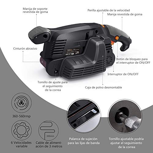 TACKLIFE Lijadora de Banda, 600W Lijadora El¨¦ctrica, 13 Lijas 75x457mm, 6 Velocidad 360-560RPM, 2 Adaptadores de… - Imagen 3