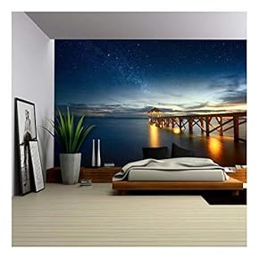 Beautiful Night Seascape with Stars in The Sky and Pier Stretching into The Ocean - Removable Wall Mural | Self-Adhesive Large Wallpaper - 66x96 inches