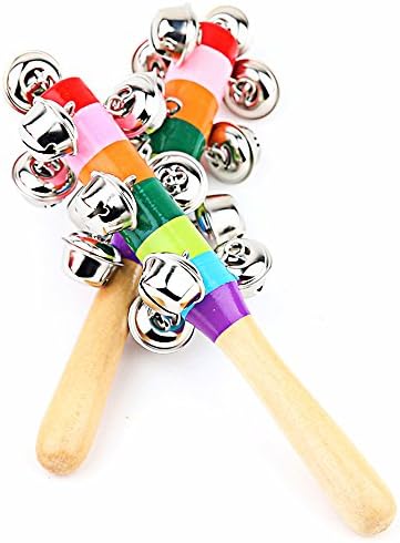 Mideand Baby Wooden Stick Rainbow Color Hand Bell Rattle (2 bells)