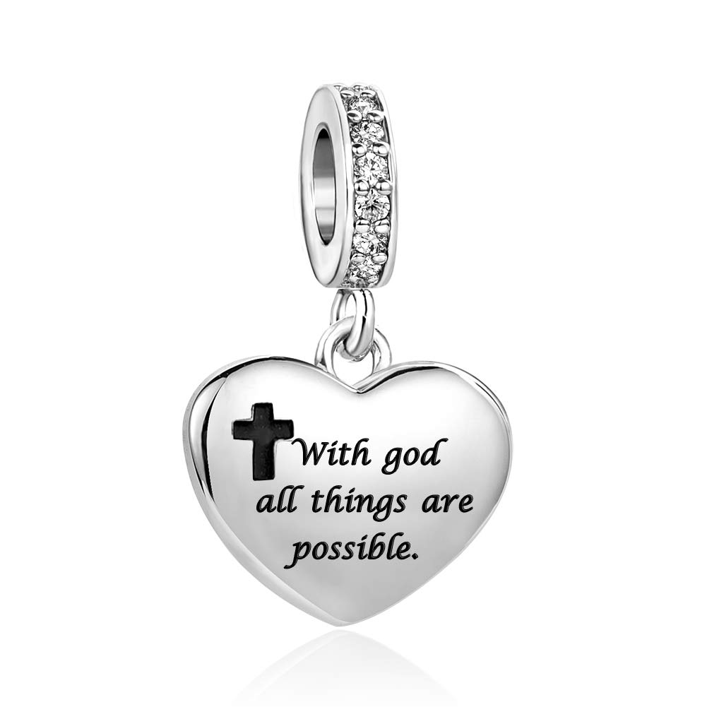 Black Cross Bible Verse Love Heart Dangle Charm Compatible with Pandora Charms Bracelets With God All Things are Possible Matthew 19:26