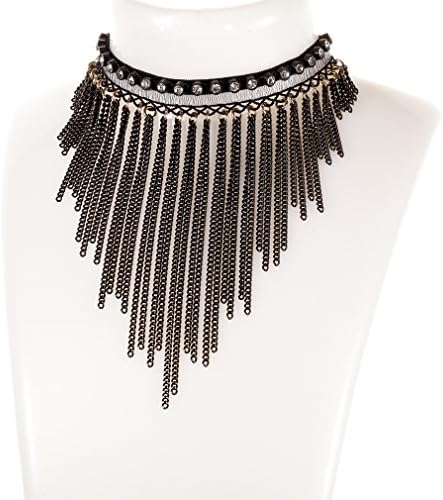 CONIFERA Black Choker with Gold Plated Extender and Crystal Rhinestones Stretched Lace BIB Tassel Jewelry for Women Girls