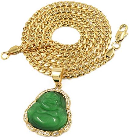 Raonhazae Stainless Steel Gold Iced Smiling Chubby Buddha (Green Jade) Pendant w/Cuban Chain