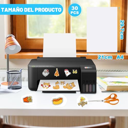 30 Sheets A4 Waterproof White Vinyl Sticker Paper for Ink and Laser Printers, 297 x 210 mm