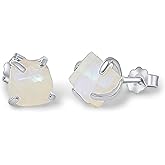 Natural raw gemstone stud earrings with white gold over 925 sterling silver, 6 to 7mm rough genuine quality birthstone gift for her, Uniquelan Jewelry