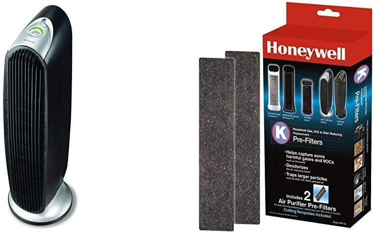 Honeywell Washable Filters, 1, Black with Honeywell HRF-K2 Household Odor & Gas Reducing Pre-filter, 2 Pack, Black