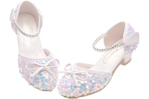 GOJERP Girls Glitter Low Heels Dress Pump Flower Girl Sequin Mary Jane Wedding Party Princess Bow Dress Shoes for Toddler Little Kid Big Kid