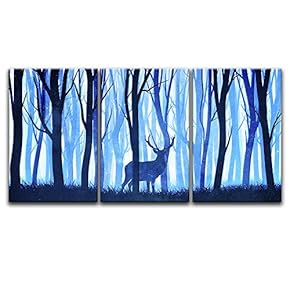 3 Panel Animal Canvas Wall Art - Watercolor Painting Style Deer in Blue Woods - Giclee Print Gallery Wrap Modern Home Art Ready to Hang - 16"x24" x 3 Panels
