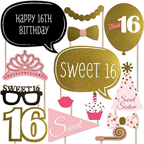 Funny Sweet 16 Birthday Photo Booth Props Party Kits Gold Glitter Sixteen 16th Birthday Party Supplies, 21pcs
