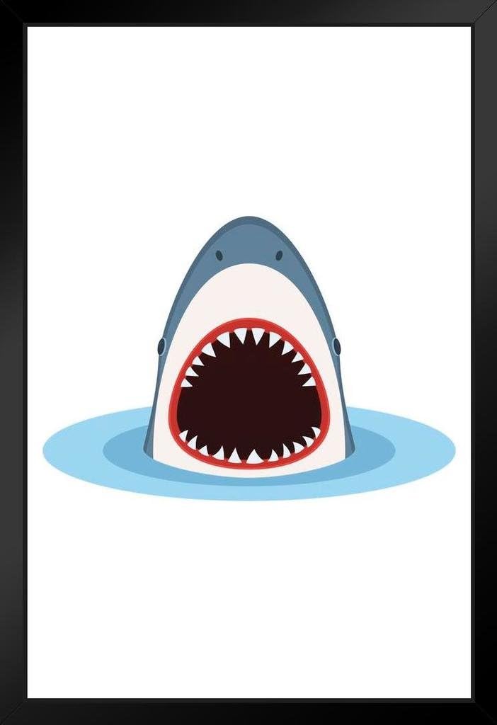 Shark with Open Mouth Coming Out of Water Art Print Black Wood Framed Poster 14x20 inch