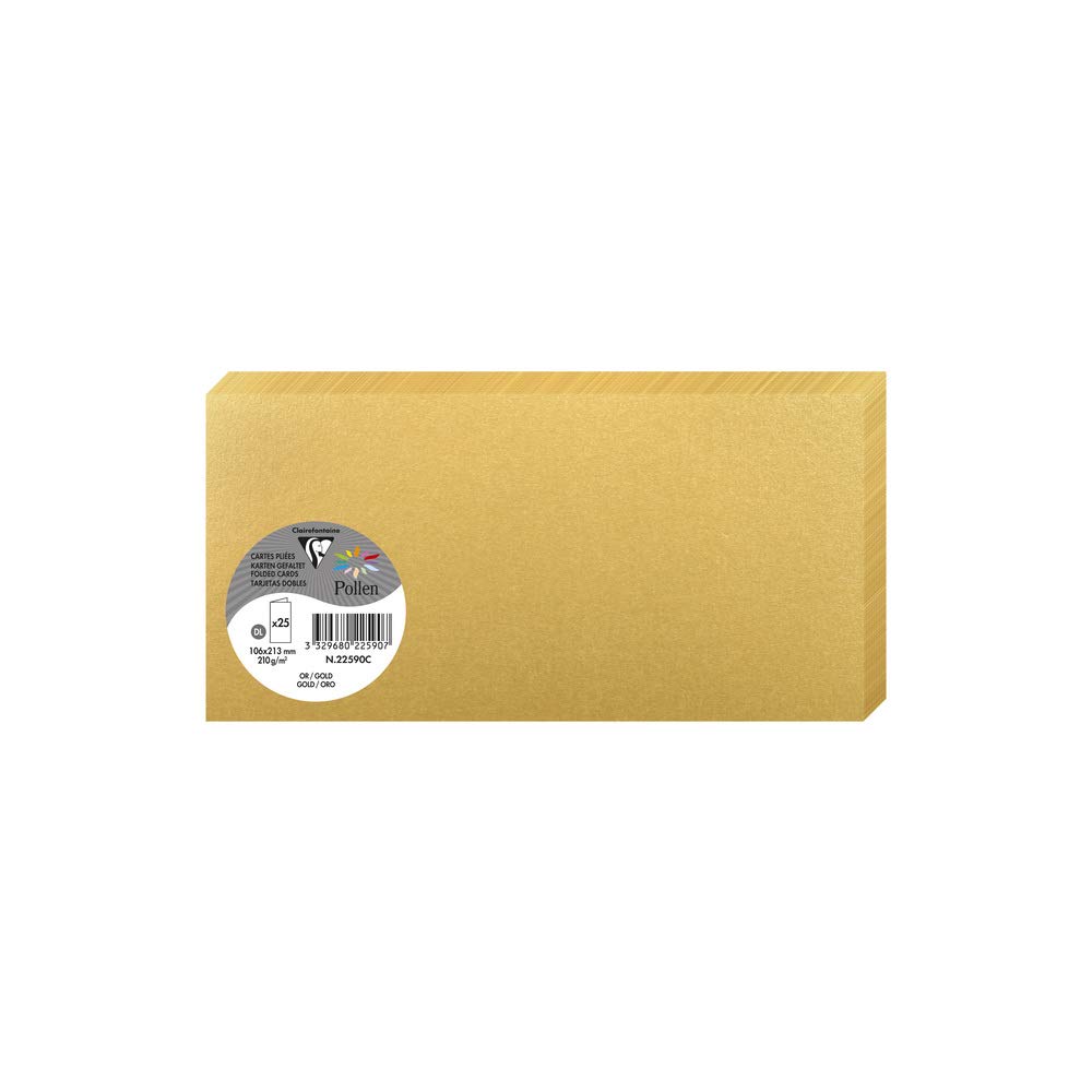 Clairefontaine 22590C Gold Iridescent Paper Pack of 25 Double Cards DL (10.6x21.3cm) 210gsm Invitation and Correspondence Card Pollen range Smooth Premium