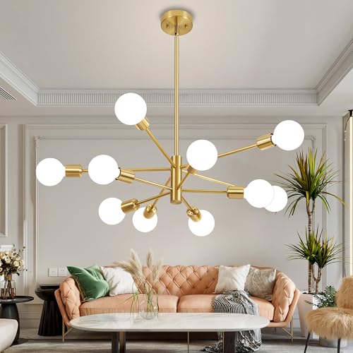 Deyidn - Lámpara de araña moderna dorada de mediados de siglo, 10 luces E26 para sala de estar, cocina, dormitorio, comedor y granja
