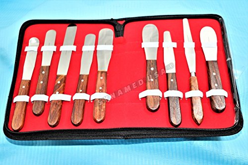 NEW PREMIUM Grade STAINLESS STEEL set of 9 Pieces Dental Mixing Spatula Plastic Alignate Mixing-wooden handle
