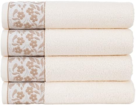 HALLEY Decorative Bath Towels Set, 4 Pack - Turkish Towel Set with Floral Pattern, Highly Absorbent & Fade Resistant Fabric, 100% Cotton - Cream