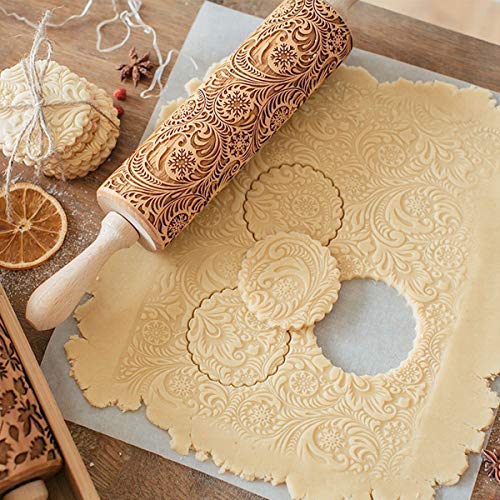 Embossing Rolling Pin Engraving Roller Cookies Decorating Embossed Rollers Pins with Engraved Flower for Baking Dough, Pie, Cookie, Fondant, Pastry, Biscuit (35 x 5cm)