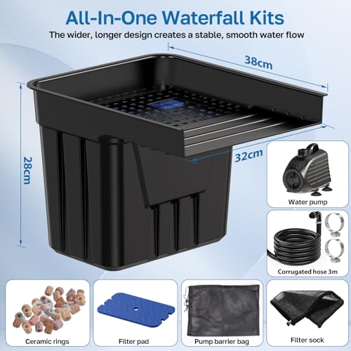 POPOSOAP Pond Waterfall with 4500 L/H Pond Pump, 3m Corrugated Tubing, Filter Media, Pond Waterfall Filter for Outdoor Garden Pond, Streams, Water Features