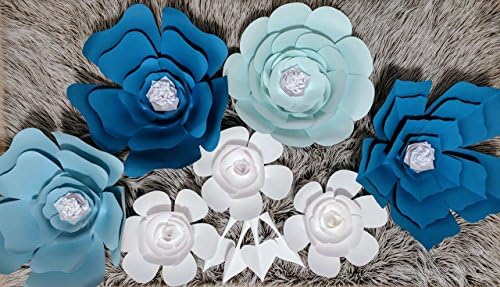 Paper Flowers Combo Set for Backdrops - "Frozen" Blue Fading Tones - Includes 7 Paper Flowers and 4 Paper Leaves - Fully Assembled - Ready to Use