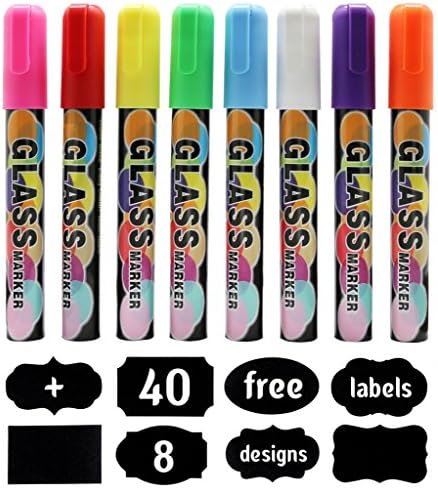 Chalk Markers Fine Tip Erasable Liquid Chalk Marker Pen with Reversible Tip D30 3mm 8 Neon Colours with Free 40 Chalk board Labels
