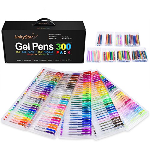Coloring Gel Pens, UnityStar 300 Set of Colorful Gel Pens with 150 Colors & 150 Ink Refills, Gift Box for Adult Coloring Books Drawing Doodling Crafts (No Duplicate) - Thumbnail 5
