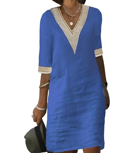 Women's Summer Casual Cotton Linen Shift Dress Vintage Short Sleeve V Neck Midi Knee Length Dresses with Pockets at Amazon Women's Clothing store
