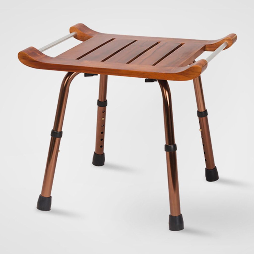 Shower Chair WSSF Aluminum Alloy Elderly Solid Wood Bathing Stool Height Adjustable Bathroom Toilet Barrier-free Disabled Pregnant Women, 50.5*40.5*33-46cm