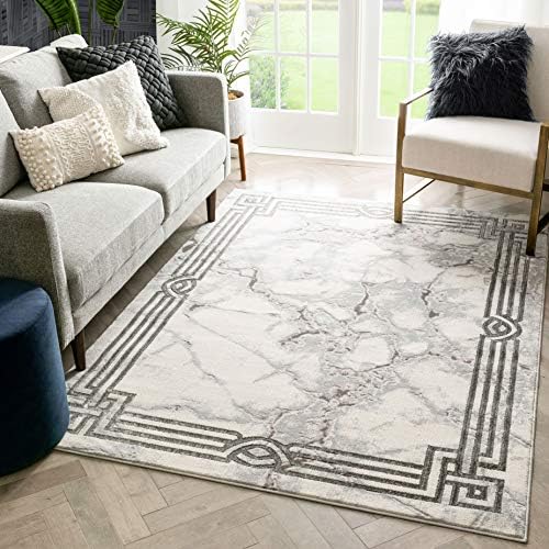 Well Woven Lezlee Grey Retro Border Marble Pattern Rug 8x10 (7'10" x 9