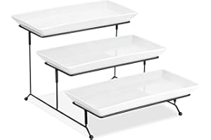 3 Tier Serving Trays for Party, Ceramic Serving Platters and Trays with Metal Stand, 3 Tier Buffet Server for Veggie Fruit Co