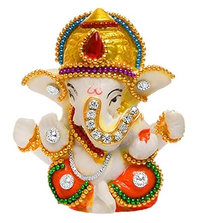 Karigaari India White Stone God Ganesha Car Dashboard Decor Statue | Hindu Idol God Ganesh Ganpati Decor Sculpture | Decorative Gift