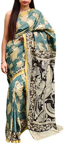 GiftPiper Statement Kalamkari Silk Saree with Tribal Khadi Print- Teal Green