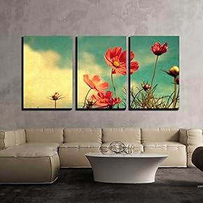 3 Piece Canvas Wall Art - Vintage Cosmos Flower - Paper Art Texture, Nature Background - Modern Home Art Stretched and Framed Ready to Hang - 16"x24"x3 Panels
