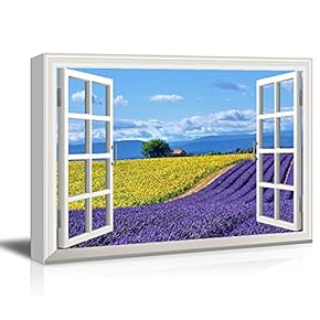 Window View Canvas Wall Art - Open Field with Yellow Sunflowers and Purple Lavenders - Giclee Print Gallery Wrap Modern Home Art Ready to Hang - 12x18 inches