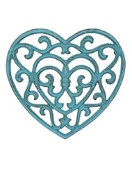 Stonebriar Conservatory Rustic Turquoise Heart Shaped Cast Iron Trivet, Country Blue