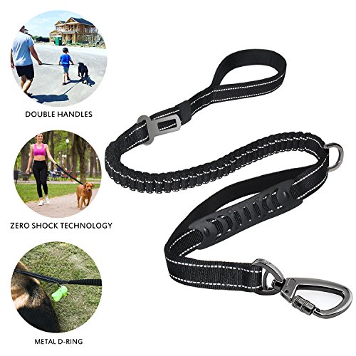 Fashion&cool Heavy Duty Dog Leash Especially Large Dogs Up to 150lbs, 6 Ft Reflective Dog Walking Training Shock Absorbing Bungee Leash Car Seat Belt Buckle, 2 Padded Traffic Handle Extra Control